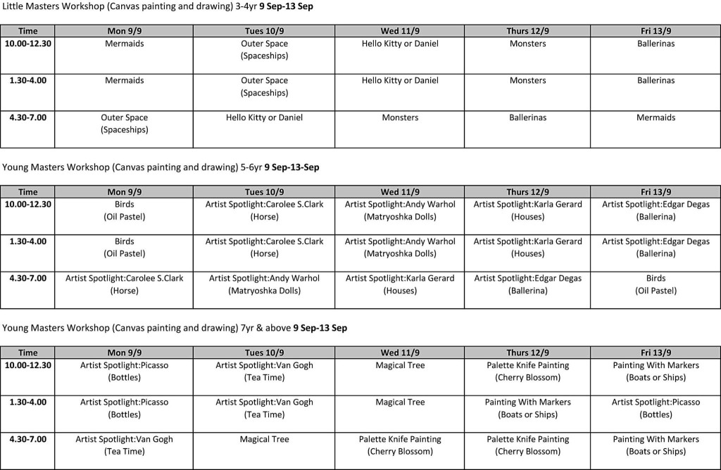 heART Studio Schedule for Sept Holiday Programme