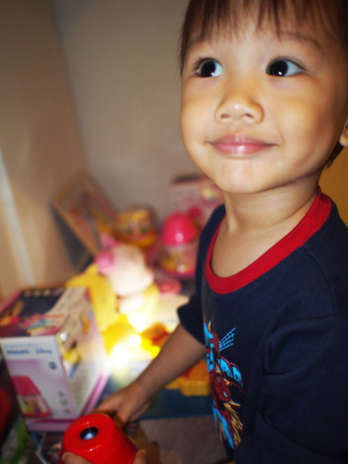 Nat checking out the lights - and I didn't have to fear he would get in trouble with wires and electricity!