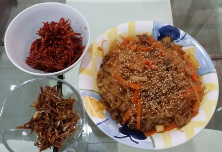Two versions of myulchi - one with heat, the other with honey soy, plus a huge japchae side dish to eat for dinner (and for tomorrow's lunch!)