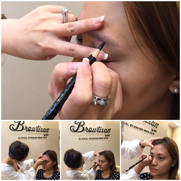 Coco first painstakingly shapes and reshapes with an eyebrow pencil