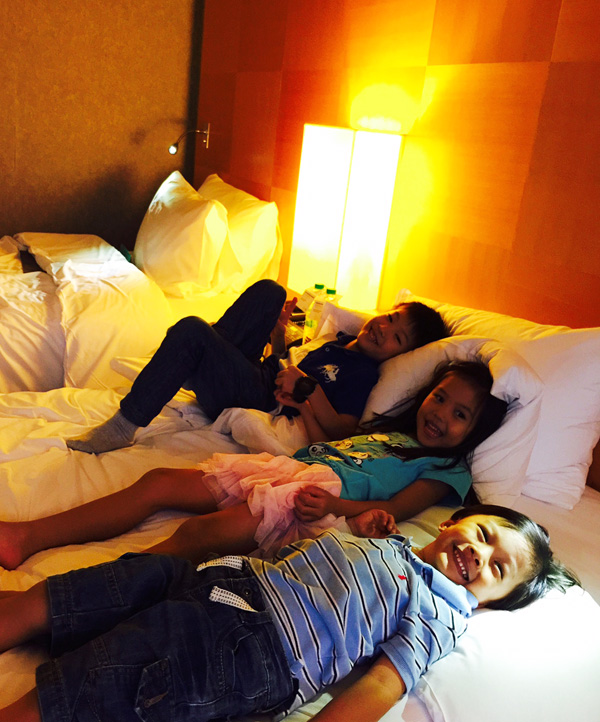 The luxurious beds at Le Meridien all to themselves. They say 'yay' and I say 'yay' too! No co-sleeping on this trip!