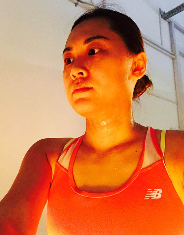 Working out the sweat, with anti-cellulite cream smeared all over my belly, thighs and even my double chin!